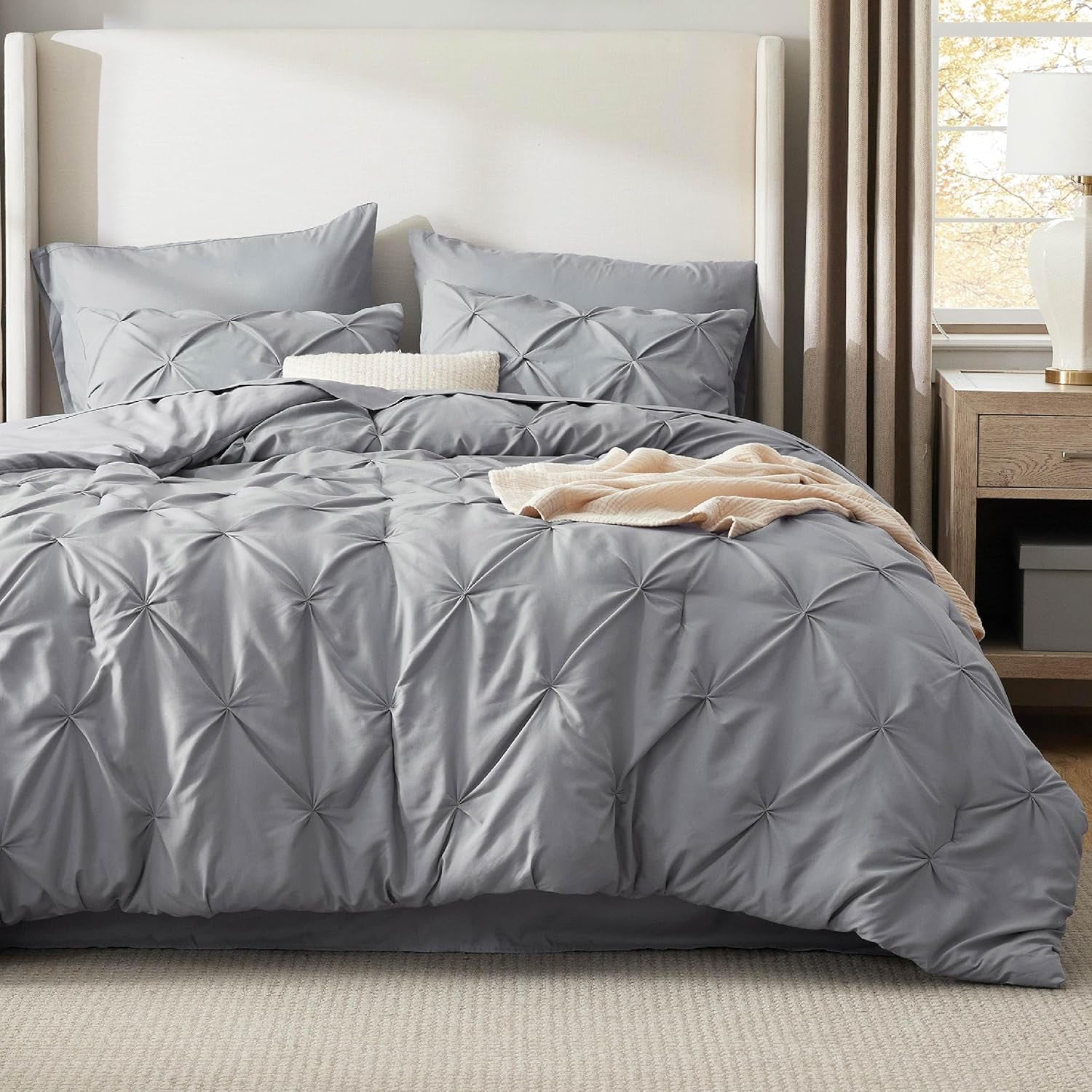 U by Bedsure Queen Comforter Set - 7 Pieces Grey Comforters , Pintuck Bedding Sets for All Season, Bed in a Bag with Flat Sheet and Fitted Sheet, Pillowcases & Shams