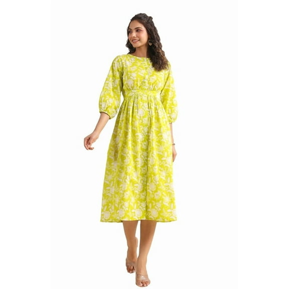 Lime Cotton Floral Gathered Dress