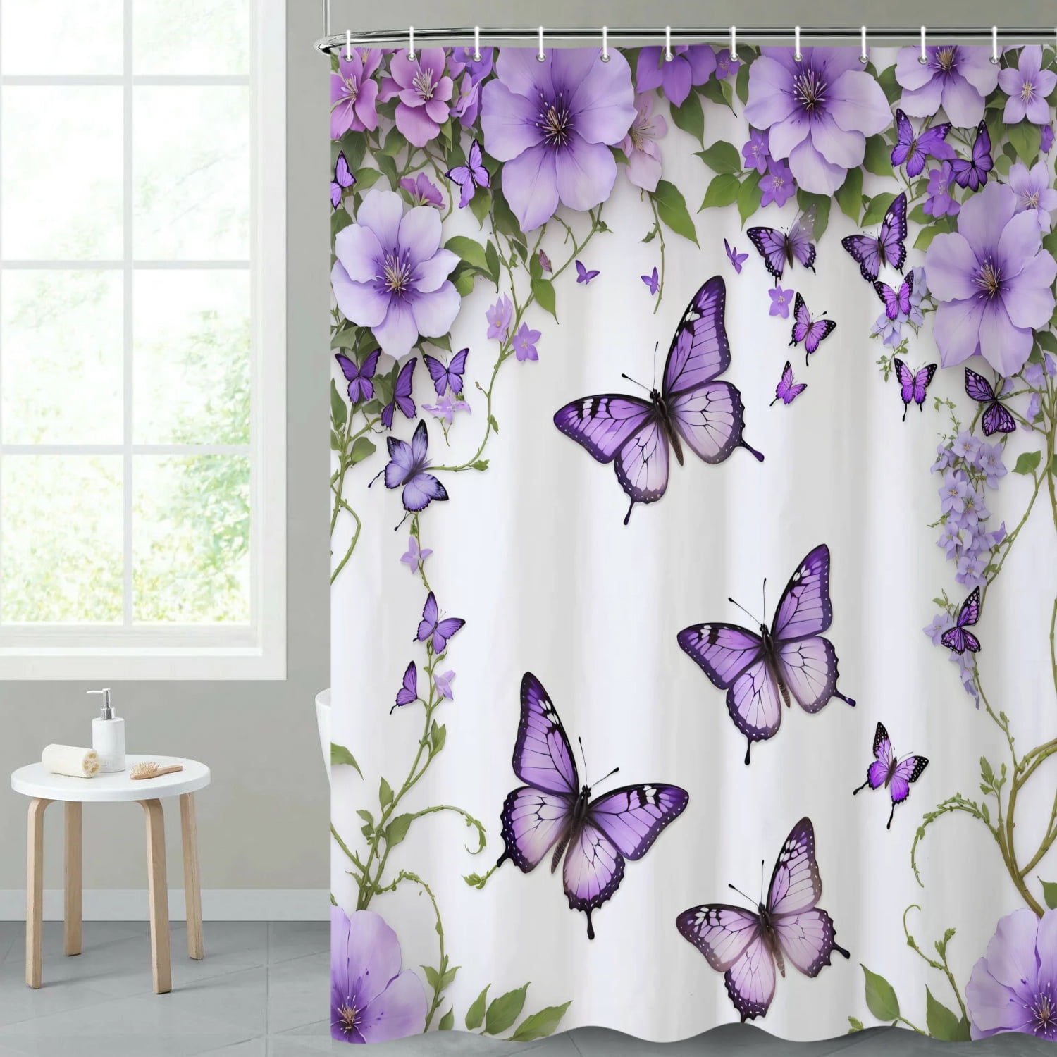 SUNOLIFE Purple Shower Curtain Butterfly Waterproof Fabric Bathroom Shower Curtains, 72x72 in