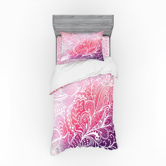 Ambesonne Floral Bedding Set 3 Pcs, Boho Intricate Floral Design, Twin, Pink Purple White