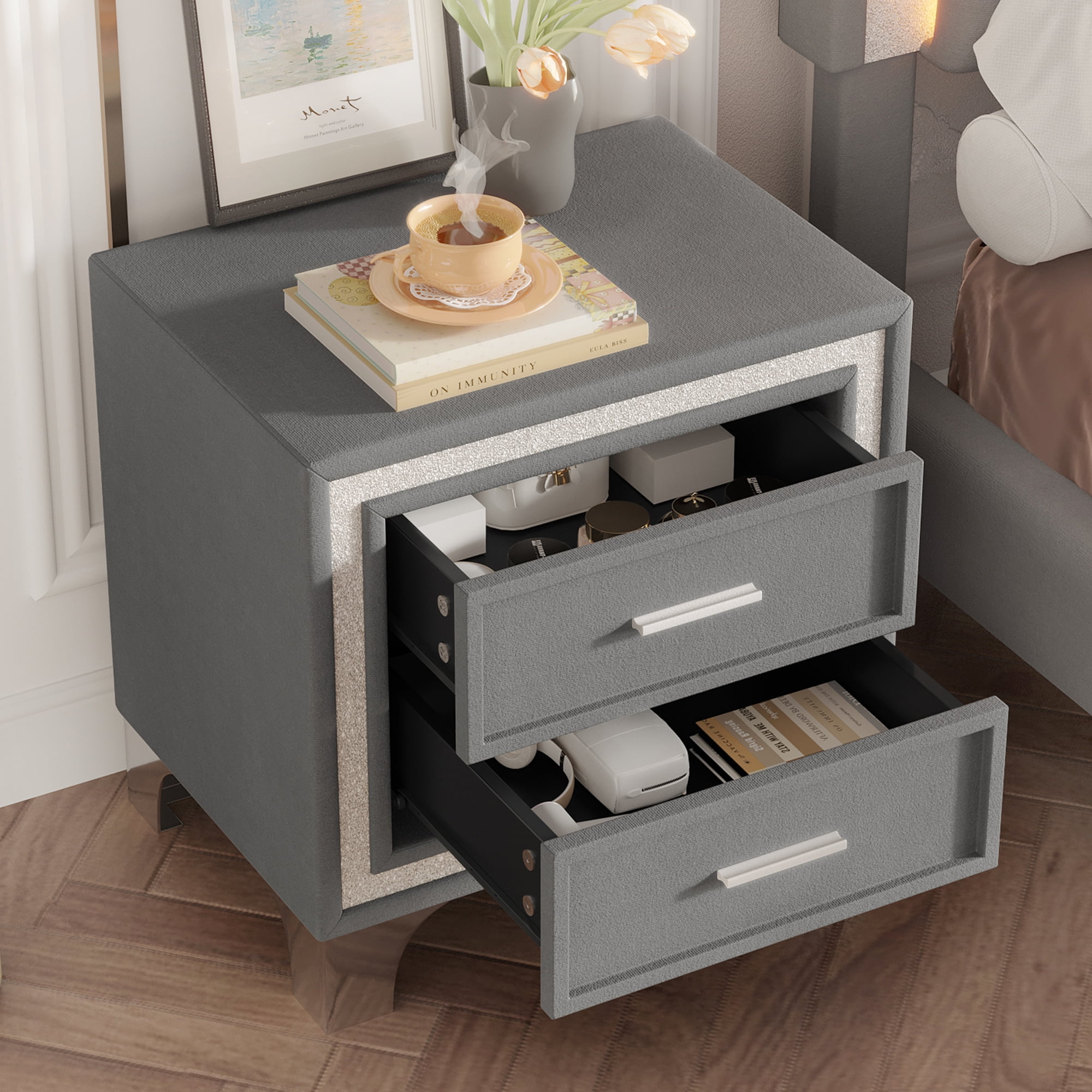 Aukfa 2-Drawer Nightstand, Modern Bedside Table for Bedroom/Living Room,Gray