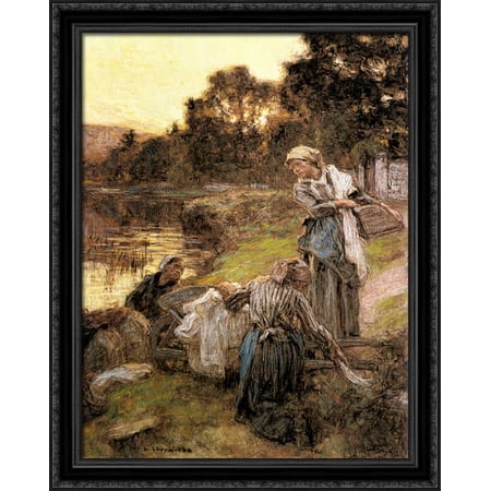 Le Laveuses au Bord de la Marne 28x34 Large Black Ornate Wood Framed Canvas Art by Leon Augustin L'Hermitte