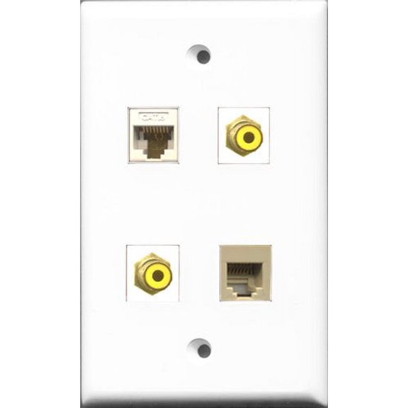 RiteAV - 2 Port RCA Yellow and 1 Port Phone RJ11 RJ12 Beige and 1 Port Cat6 Ethernet White Wall Plate