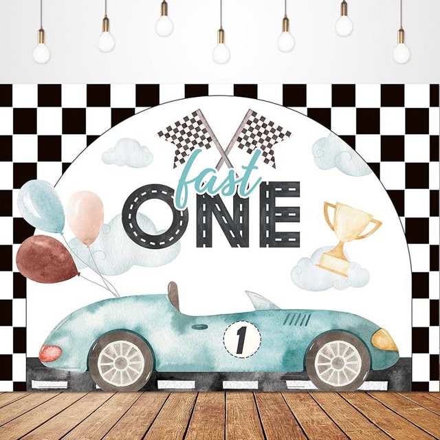 Fondo de cumpleaños Fast One 1er para fotografía, coche de carreras, dibujos animados, linda bandera a cuadros en blanco y negro, genial para niños, decoraciones para fiestas de cumpleaños, fondo