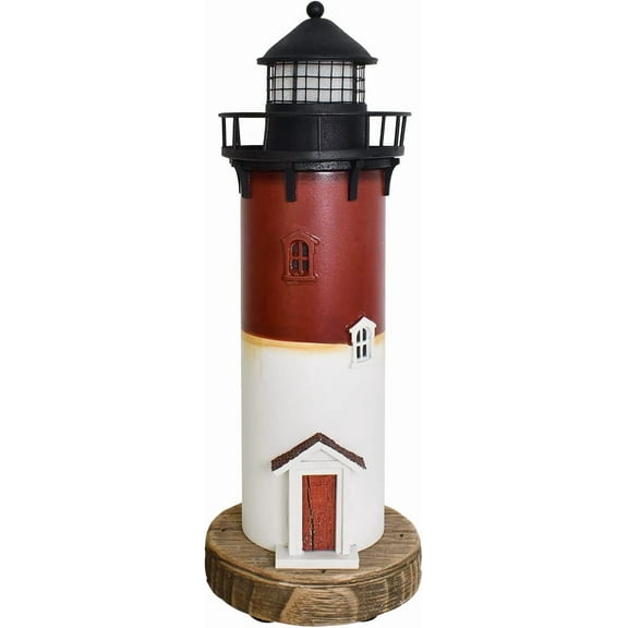 Wooden Lighthouse with Lights Nautical Tabletop Figurine Beach Themed Ornaments - Lighted Tower Light Wood Home Décor Party Decoration (Red)