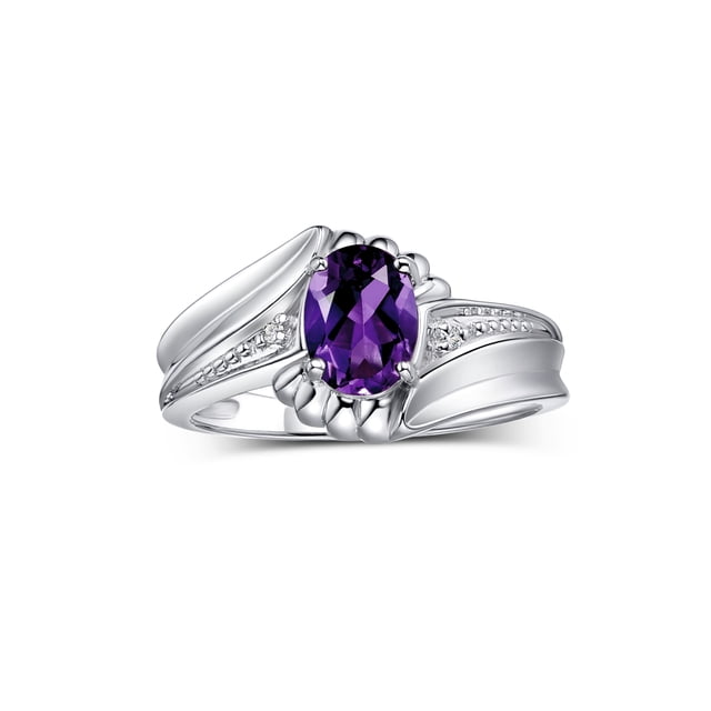 RYLOS Rings for Women 14K White Gold Swirl Z Ring 7X5MM Oval Gemstone & Diamond Rings February Amethyst Jewelry Size 10