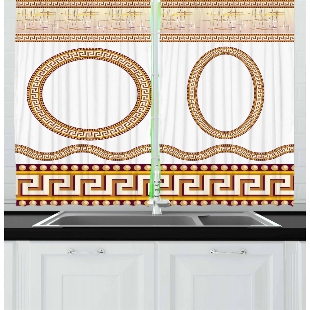 Greek Key Curtains 2 Panels Set, Ancient Fret Pattern in Oval and