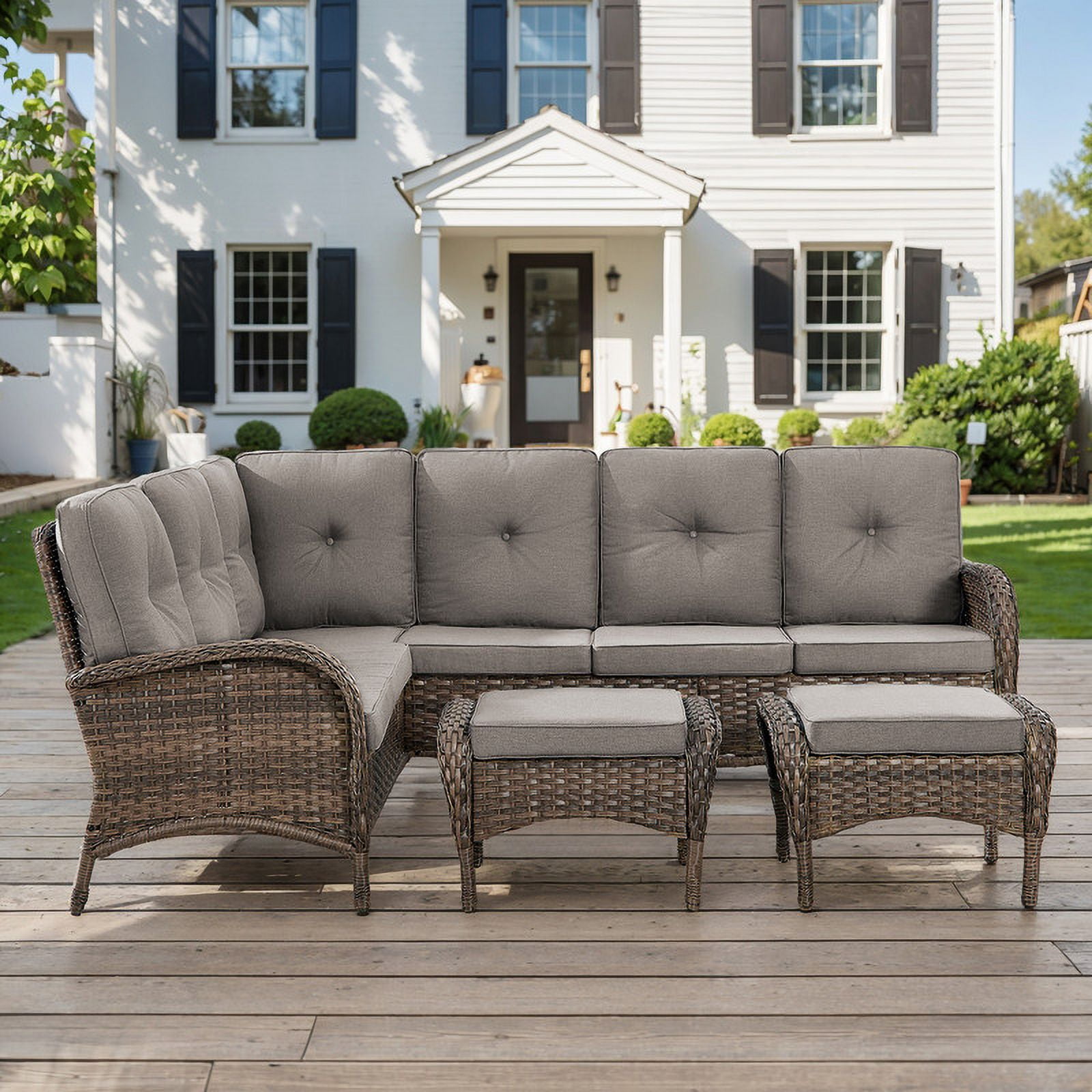 PARKWELL Outdoor Sectional Sofa Furniture Set,Patio Wicker L Shaped Couch High Back Conversation Set with Ottomans for Garden Yard,Brown Wicker Gray Cushion