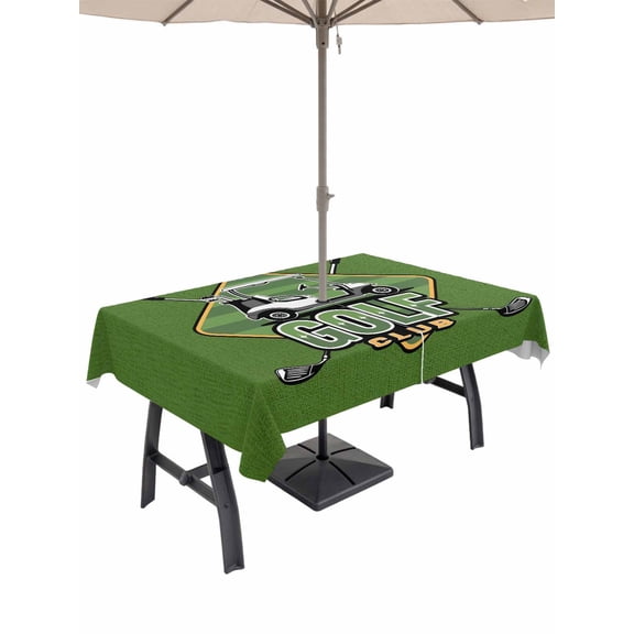 Outdoor Tablecloth with Umbrella Hole and Zipper, Golf Club Green Rectangle Table Cloth 60x102 Inch Waterproof Tablecloth, Abstract Vintage Golf Sports Picnic Table Cover for Patio Camping