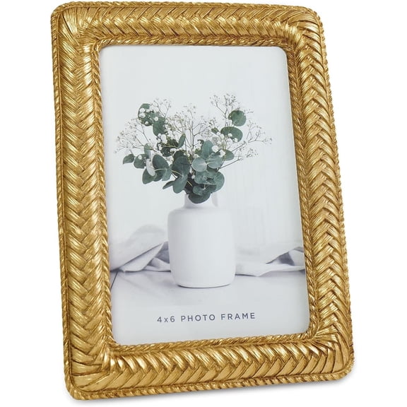 4x6 Gold Picture Frame, Ornate Decorative Rattan Resin Photo Frame, Gold Frames Braided Design for Tabletop Display or Wall Hanging, Elegant Home Decor