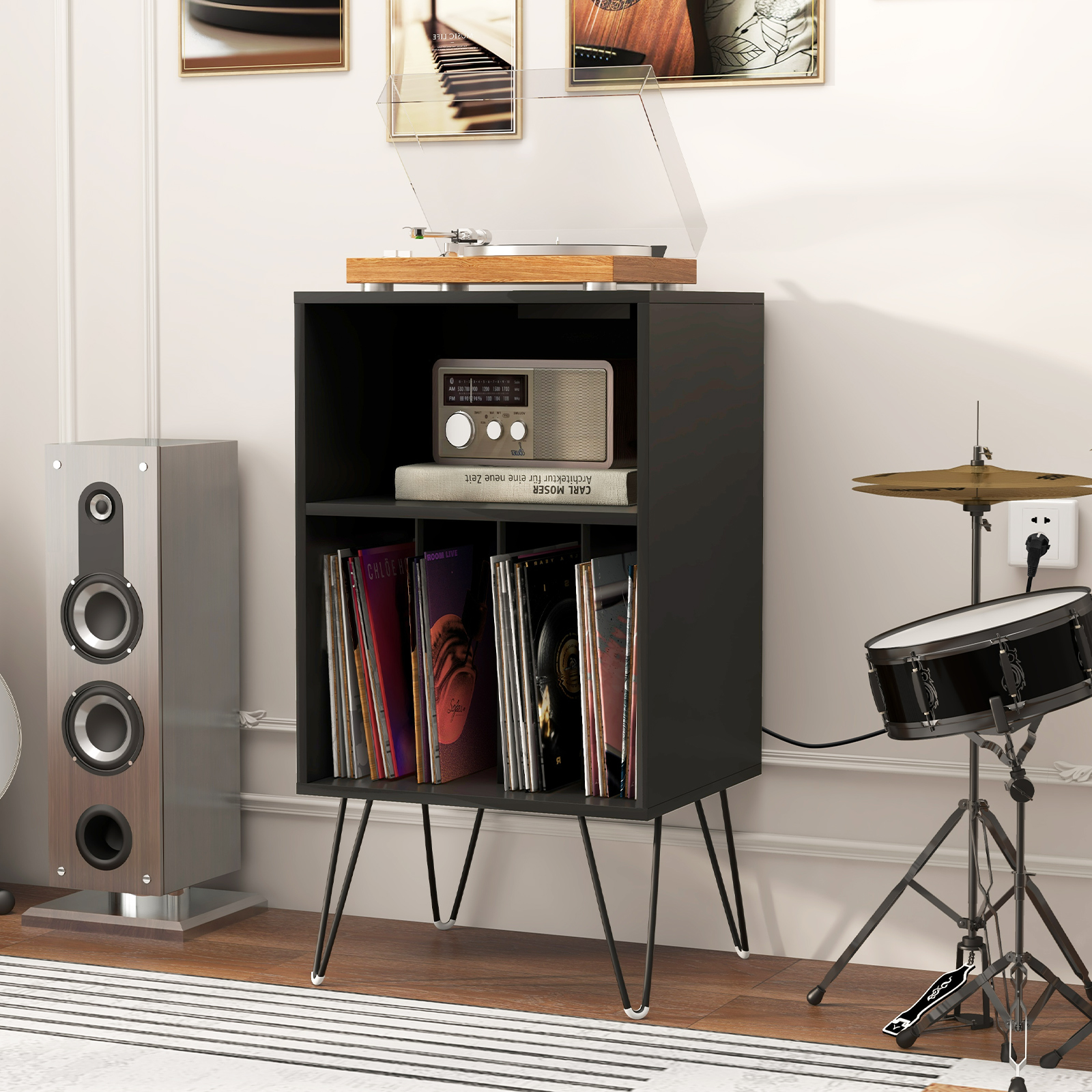 Meuble Rangement Pour Vinyles Avec Plan De Travail - 6 Compartiments + étagère - Design Moderne, Stable (marron)