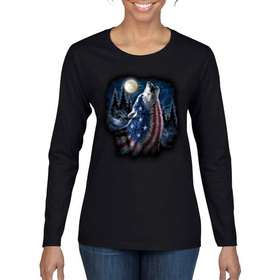 American Flag Howling Wolf Animal Lover Womens Graphic Long Sleeve T-Shirt, Black, Small