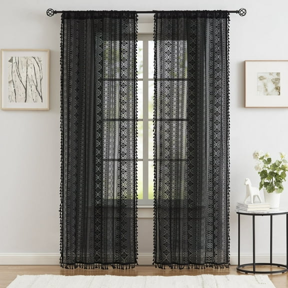 Bohogeo Black Linen Textured Tassel Sheer Lace Curtain Panels, Chic Crochet Geometry Knitting Rod Pocket Window Drapes for Living Room Bedroom, 2 Panels,63" L x 40" W