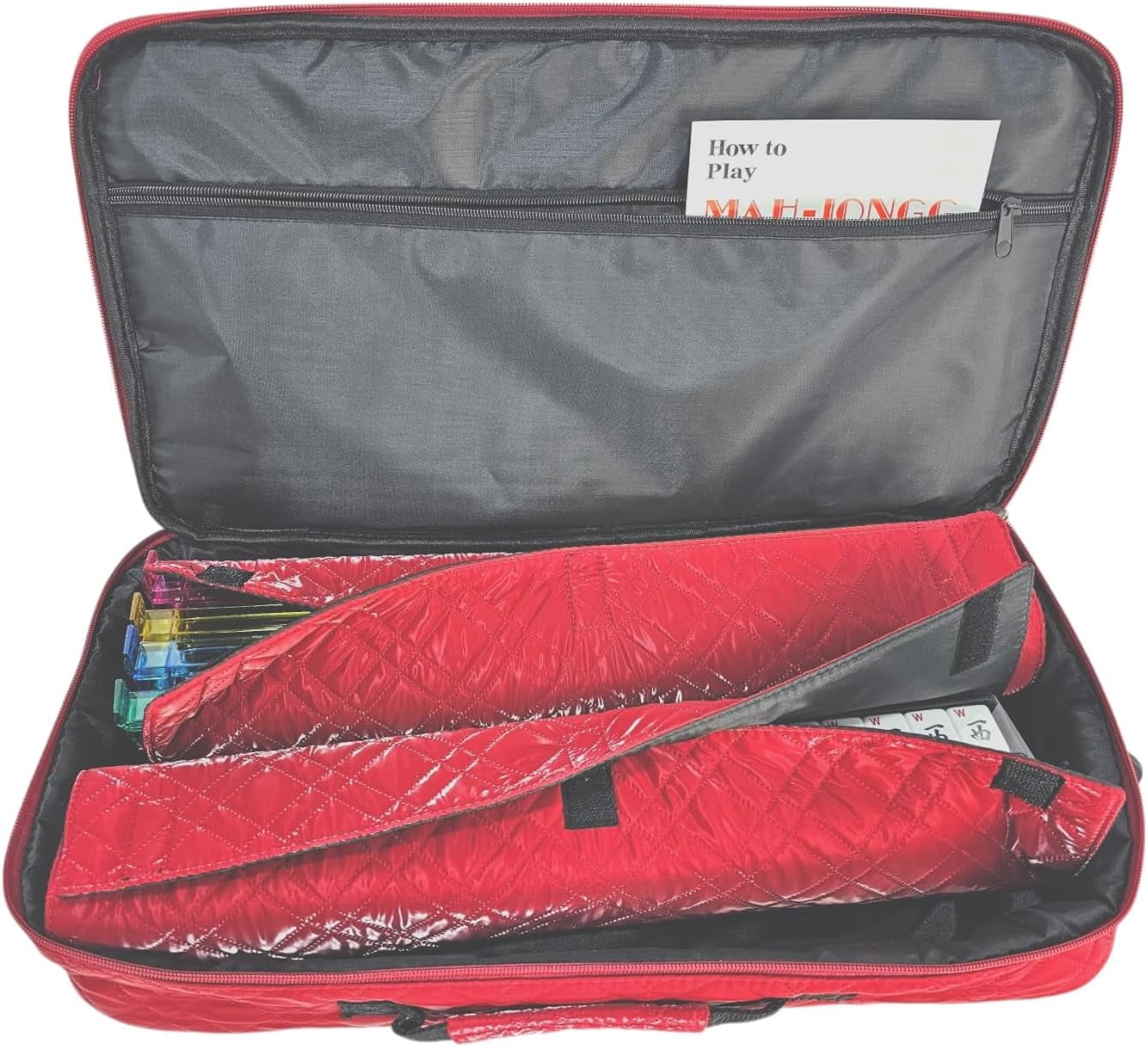 American Mahjong Set “Red - Quilted PU Leather Carrying Bag with Shoulder Strap & Handles, All-in-One Tile Racks with Pushers, 166 Engraved Tiles, Dice, Bettor, Extra Tiles & Instructions