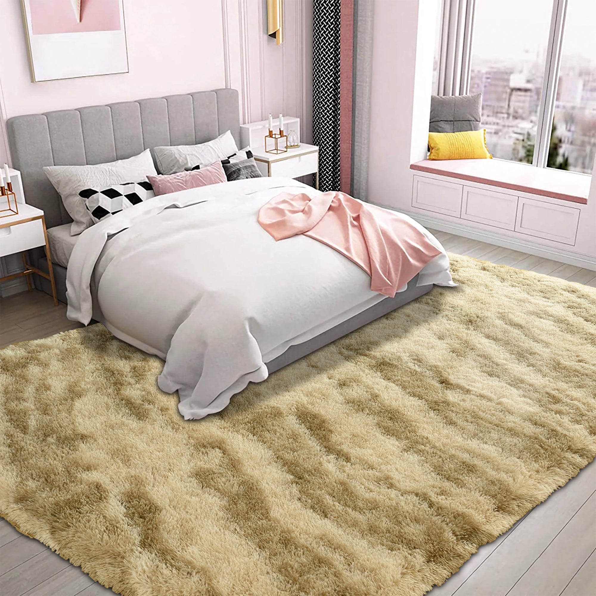 Arogan 6x9 Feet Area Rugs for Living Room Bedroom, Beige Soft Fluffy Shaggy Bedside Carpet, Machine Washable Indoor Floor Rug for Kids Home Decor Aesthetic