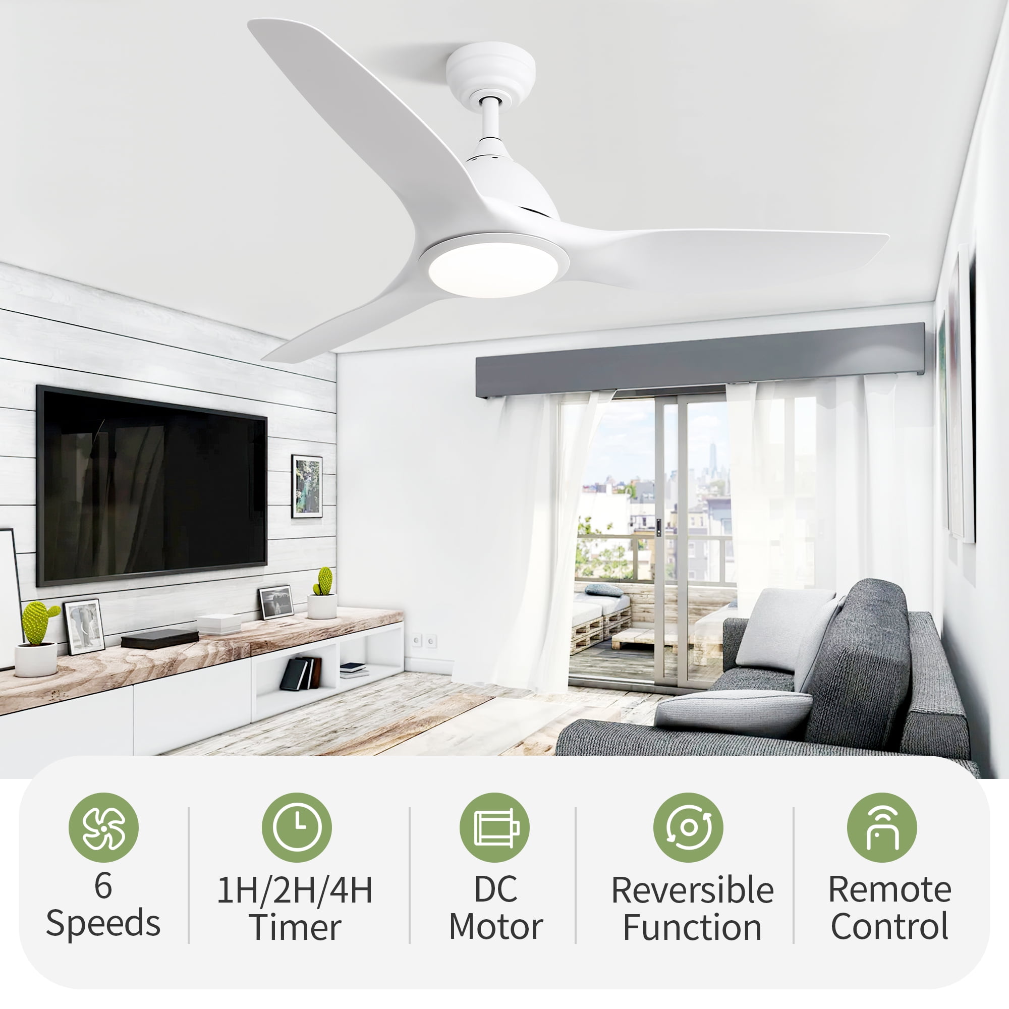 Sofucor 52 Inch Outdoor Ceiling Fans with Lights, Modern 3 Blade Ceiling Fan with Dimmable Memory LED, High 7000CFM 6-Speed 3-Timer Reversible DC Motor, for Indoor Outdoor Bedroom Living Room, White