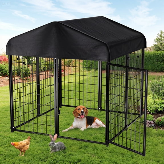 Dog Kennel, DOMIPET Large Dog Kennel for Outdoor, 4ft x 4.2ft x 4.5ft Heavy Duty Pet Crate with Oxford Cloth Roof