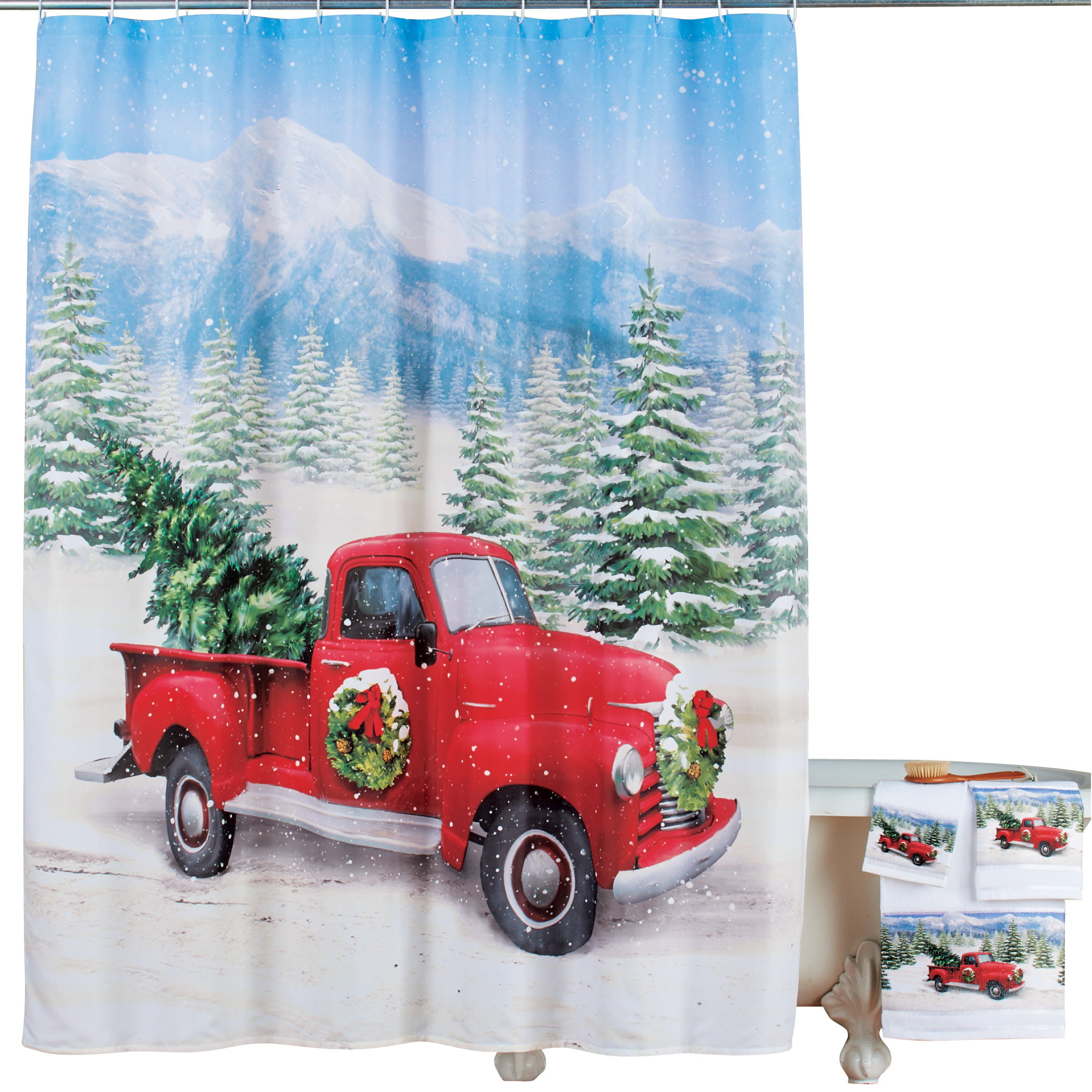 CHRISTMAS FABRIC SHOWER CURTAIN 13 Piece Set VINTAGE RED TRUCK W/ CHRISTMAS TREE 