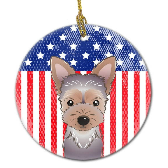 American Flag and Yorkie Puppy Ceramic Ornament