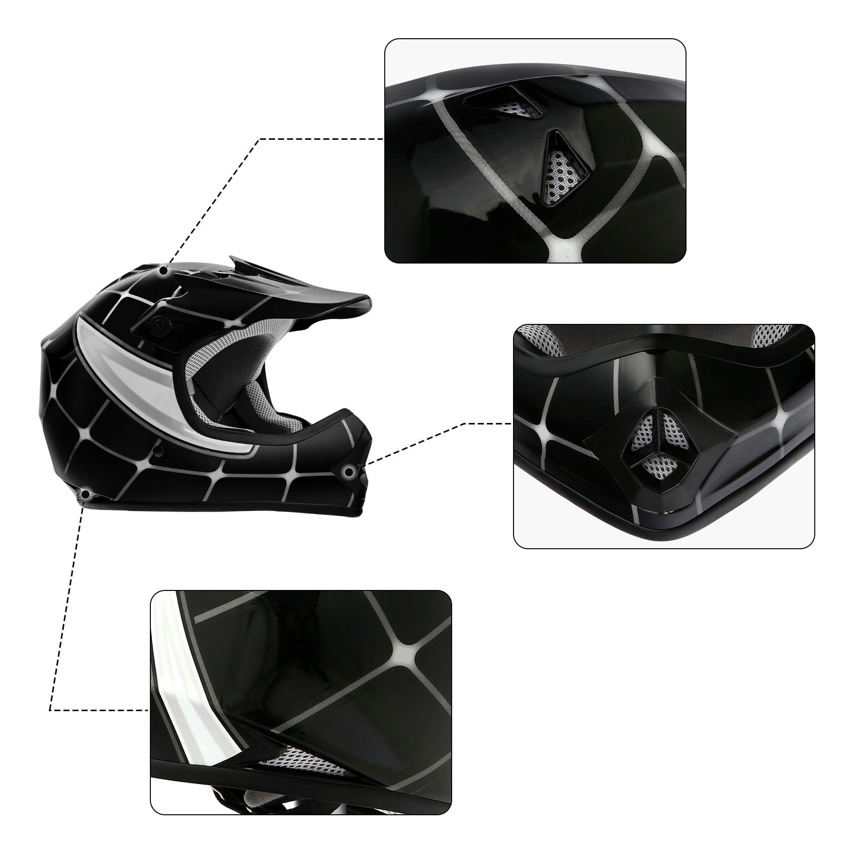 TCMT DOT Motorcycle Helmet for Kids Black Spider with Goggles & Gloves for Atv Mx Motocross Offroad Street Dirt Bike Youth S Size