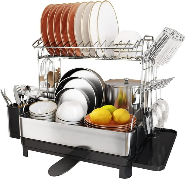 Juego de Escurridor de Platos y Escurreplatos, Escurridor de Trastes de Acero Inoxidable 304 de 2 Niveles con Caño Giratorio, Colador de Platos, Soporte para Utensilios, Portavasos