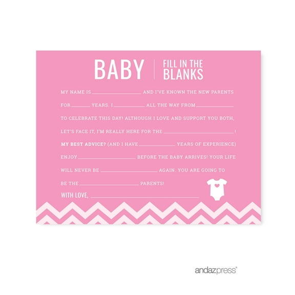 Fill-In-The-Blank Bubblegum Pink Chevron Baby Shower Games, 20-Pack