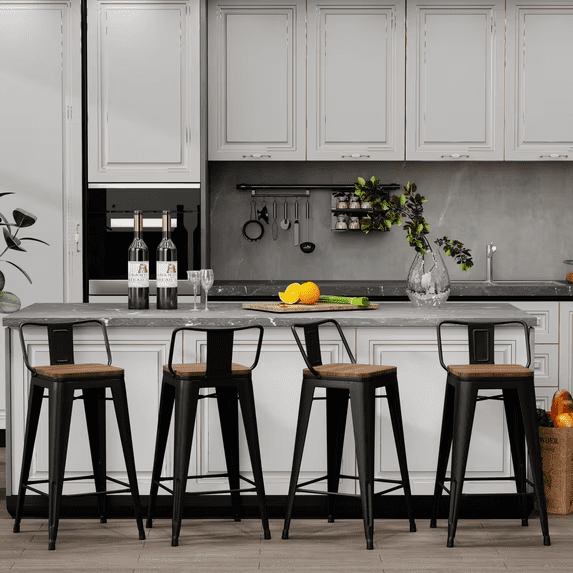Apeaka Metal Bar Stools Set of 4, 24 Inch Counter Height with Removable Backs and Wood Seats for Kitchen Island, Dining Room and Cafe, Black