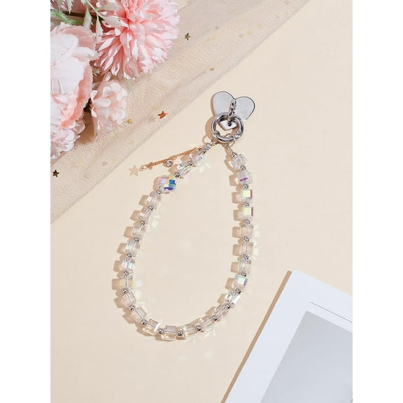 1 Pc Transparent Glass Cube Mobile Straps Beaded Phone Charm with Alloy Cell Phone Heart Holder Stand Non-Lost Beaded Handsets Lanyard for Women Camera Keychain Decoration 305mm Long Clear DIY