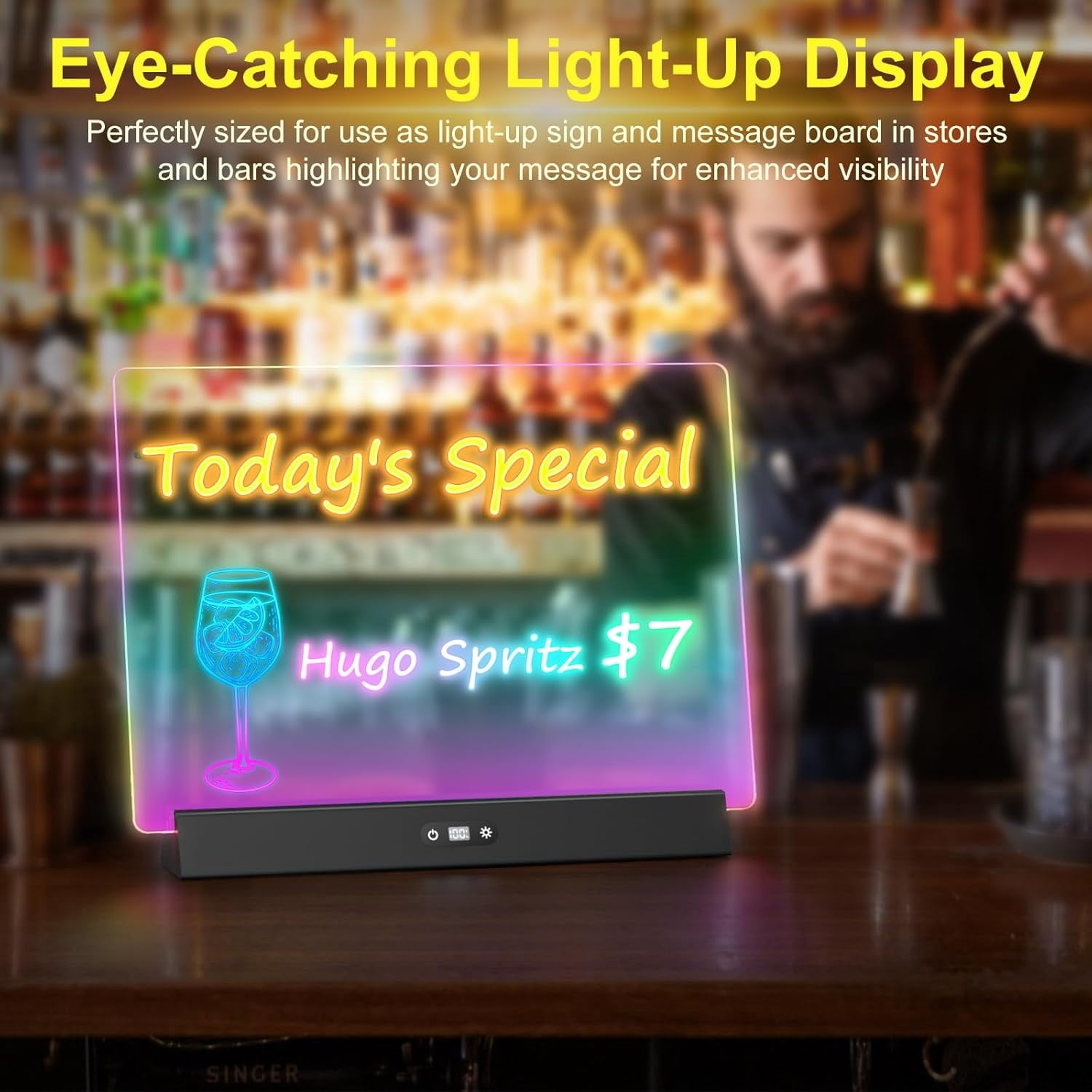 Rechargeable LED Message Board with 9 Color Changing Lights - 17 Inch Glow Writing & Drawing Board, Dry Erase Light Up Memo Board for Home, Classroom & Office Decor (Black)