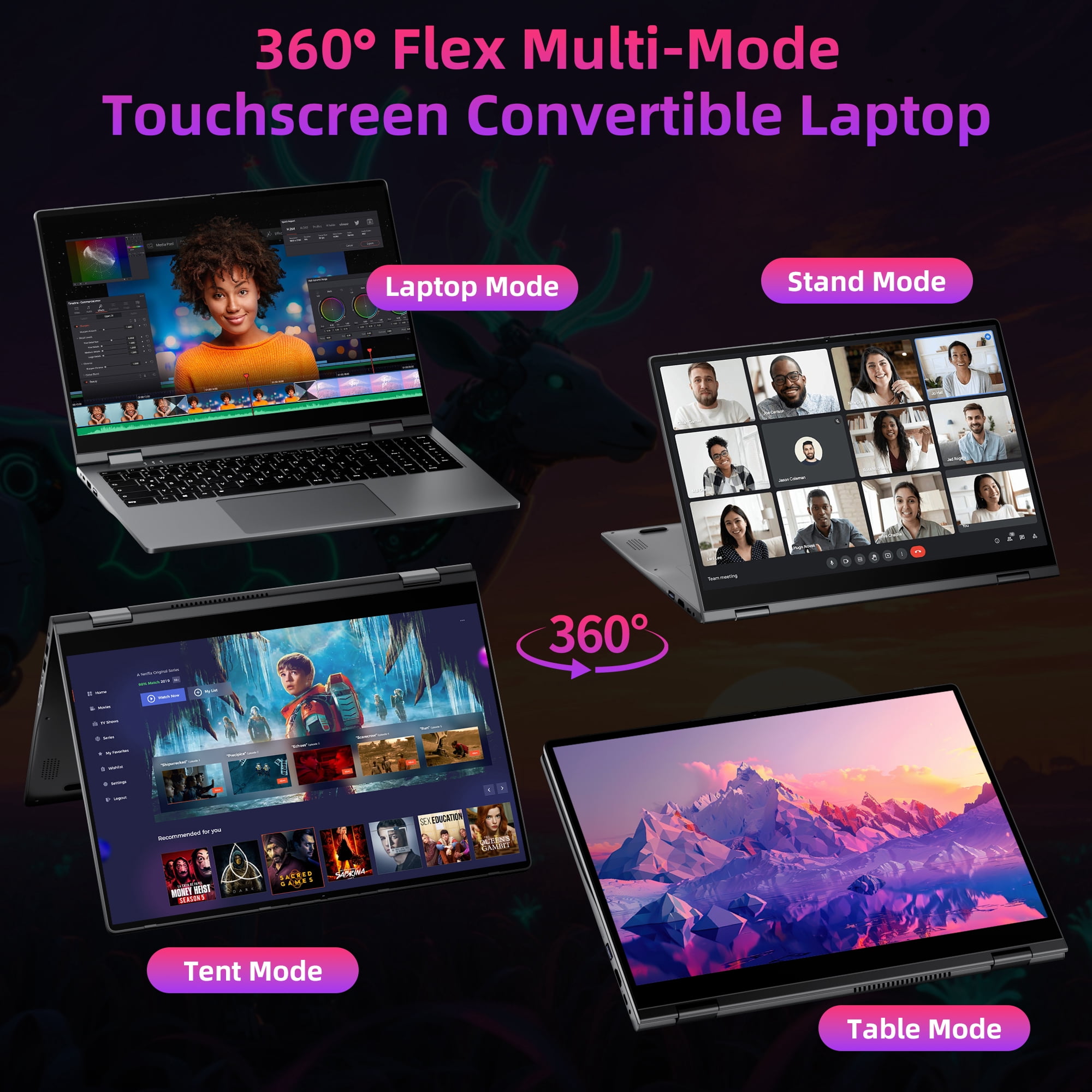Jumper 16in 2 in 1 Laptop Touchscreen Windows 11, 16GB DDR4 640GB ROM Laptops Convertible Tablet Computer, 4-Core Intel Celeron Processor, 360° Flip, 1yr Office 365 Free