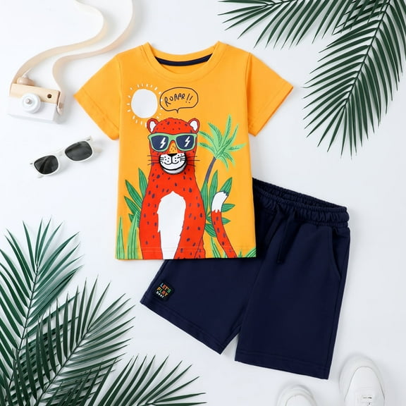 HILEELANG Toddler Boy Summer Short Clothes Sets Outfits Easter Cotton Yellow Leopard Tee Shirts Pocket Adjustable Knite Shorts Playwear Sets 2T