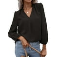 thumbnail image 1 of Top de manga larga para mujer, cuello en V, escote con volantes, patrón de puntos, mangas largas abombadas, Color puro, camisa para mujer para oficina, cita de trabajo, negro L, 1 of 7