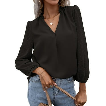 V-Neck Ruffle Dot Shirt, Long-Sleeve Puff blouse for Work & Dates, Black, M