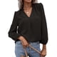 thumbnail image 1 of Top de manga larga para mujer, cuello en V, escote con volantes, patrón de puntos, mangas largas abombadas, Color puro, camisa para mujer para oficina, cita de trabajo, negro M, 1 of 7