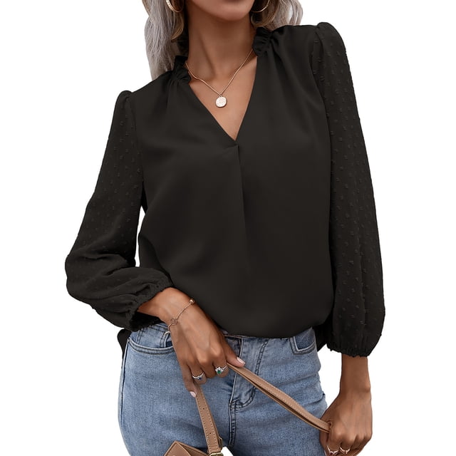 Top de manga larga para mujer, cuello en V, escote con volantes, patrón de puntos, mangas largas abombadas, Color puro, camisa para mujer para oficina, cita de trabajo, negro L