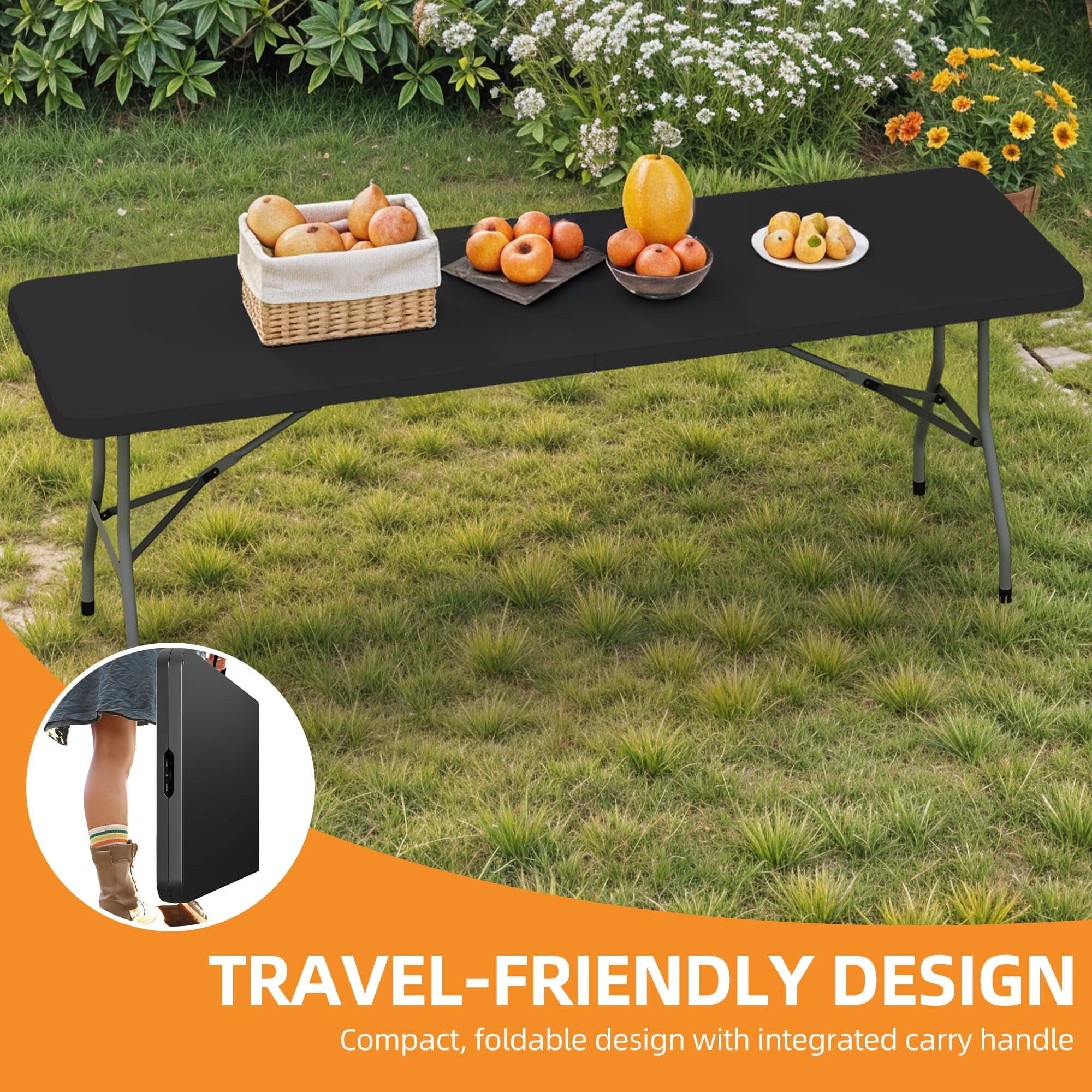 Uforic 8ft Outdoor Folding Picnic Table, HDPP Resin Top with Gray Powder-Coated Steel Legs, Black