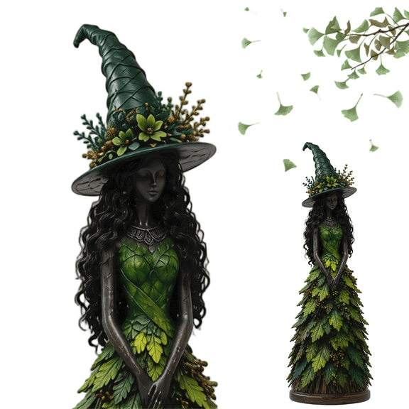 4.80 Inch Enchanted Autumn Witch Figurine Carved Forest Witch Sculpture Maple Leaf Dress Rustic Fall Harvest Desktop Decor Halloween Table Centerpiece Gift Green(S)