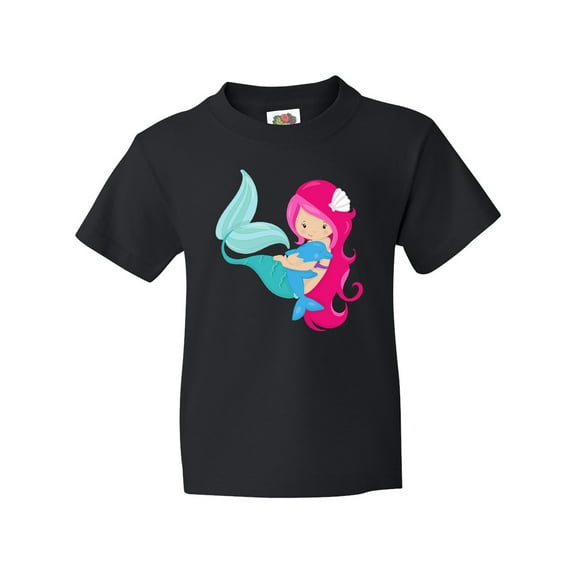 Inktastic Mermaid And Dolphin, Mermaid With Pink Hair Youth T-Shirt