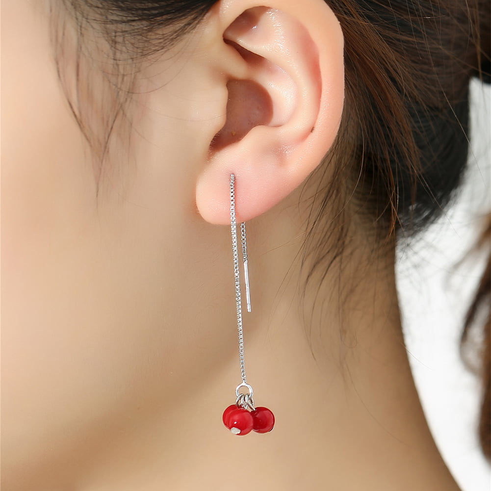 AM_ EG_ Women Round Red Beads Tassel Threader Dangle Drop Earrings Ear Threads L 