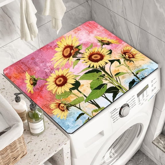Flowers Washer Dryer Dust Cover Mat for Top 19.7" x 23.6" Creative Washing Machine Dust Cover Pad Non-Slip Drying Mat Top Protector Mat for Kitchen Laundry Room