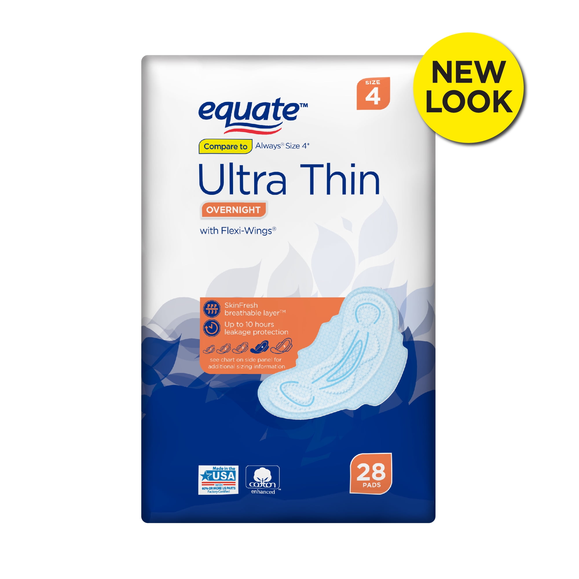 Equate Ultra Thin Pads with FlexiWings, Overnight, Size 4, 28 Count
