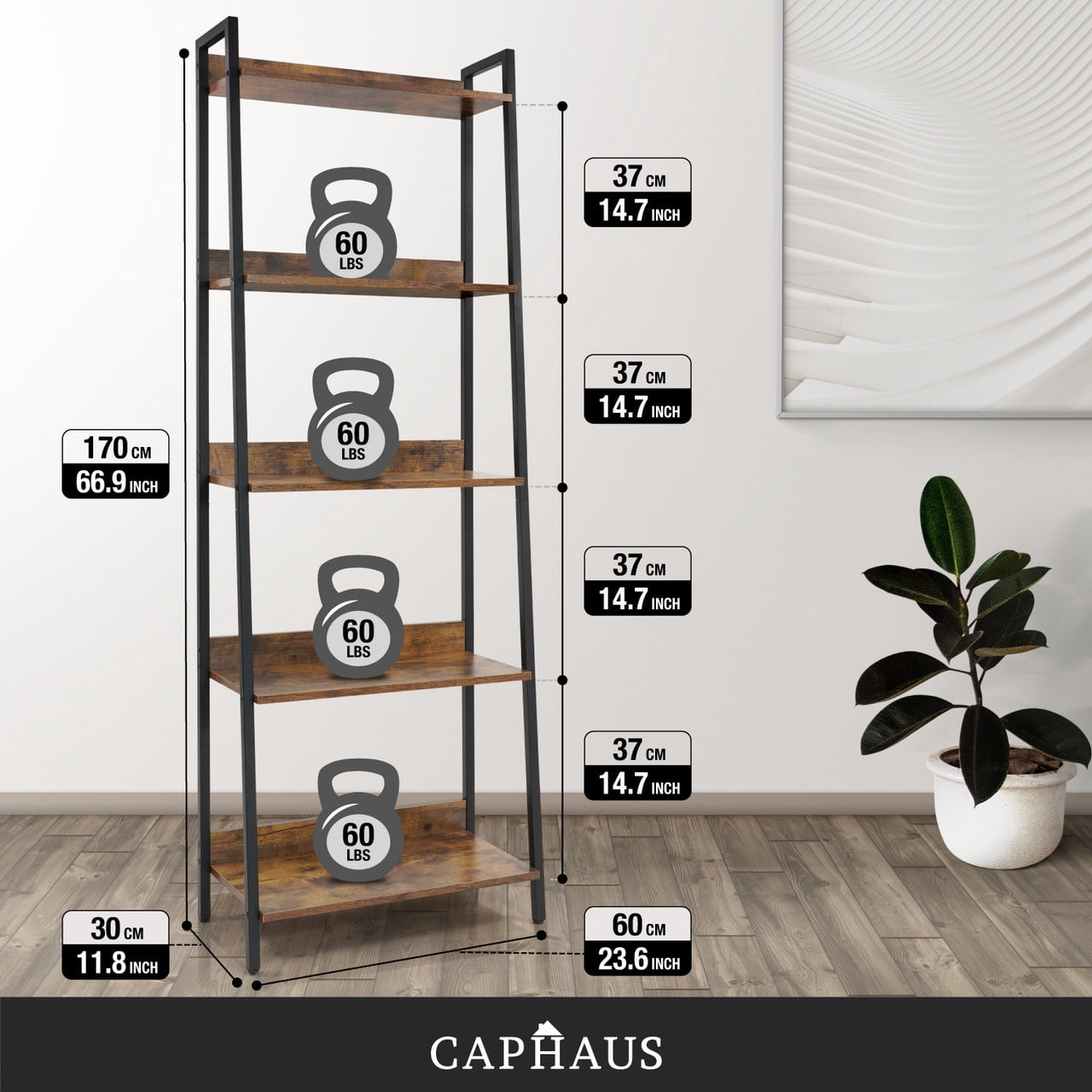 CAPHAUS 5 Tier Ladder Bookshelf, 24 Inch Width Free Standing Shelf, Bookcase Shelf Storage Rack Organizer, Industrial Book Shelves for Home Office, Living Room, Kitchen, Rustic Oak, Vintage Shelves