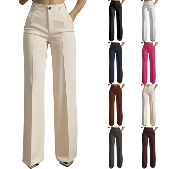Lovzfmll High Waist Straight Leg Pants for Women, Solid Color Dress Pants with Pocket, Casual Full Length Pants Beige, S