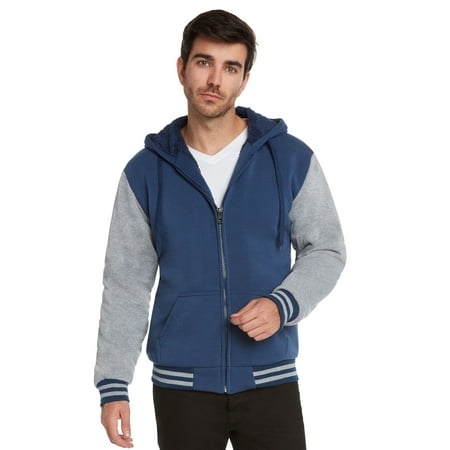 Texas Varsity Jacket - Maximos Men's Sherpa Lined Varsity Full Zip Hooded Jacket (Navy/Heather Gray, X-Large)