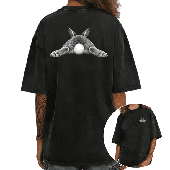 Black Washed Gray Bunny Butt Print Tshirt Graphic Tees Shirts Cute Rabbit Casual Tops S-2XL