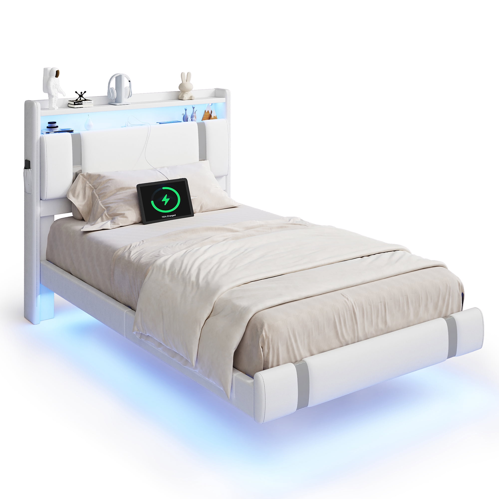 IDEALSOUL Twin Size Floating Bed Frame with Upholstered Storage Headboard, Metal Platform Bed with Charging Station & LED,No Box Spring Needed,Easy to Assemble (Twin,White)