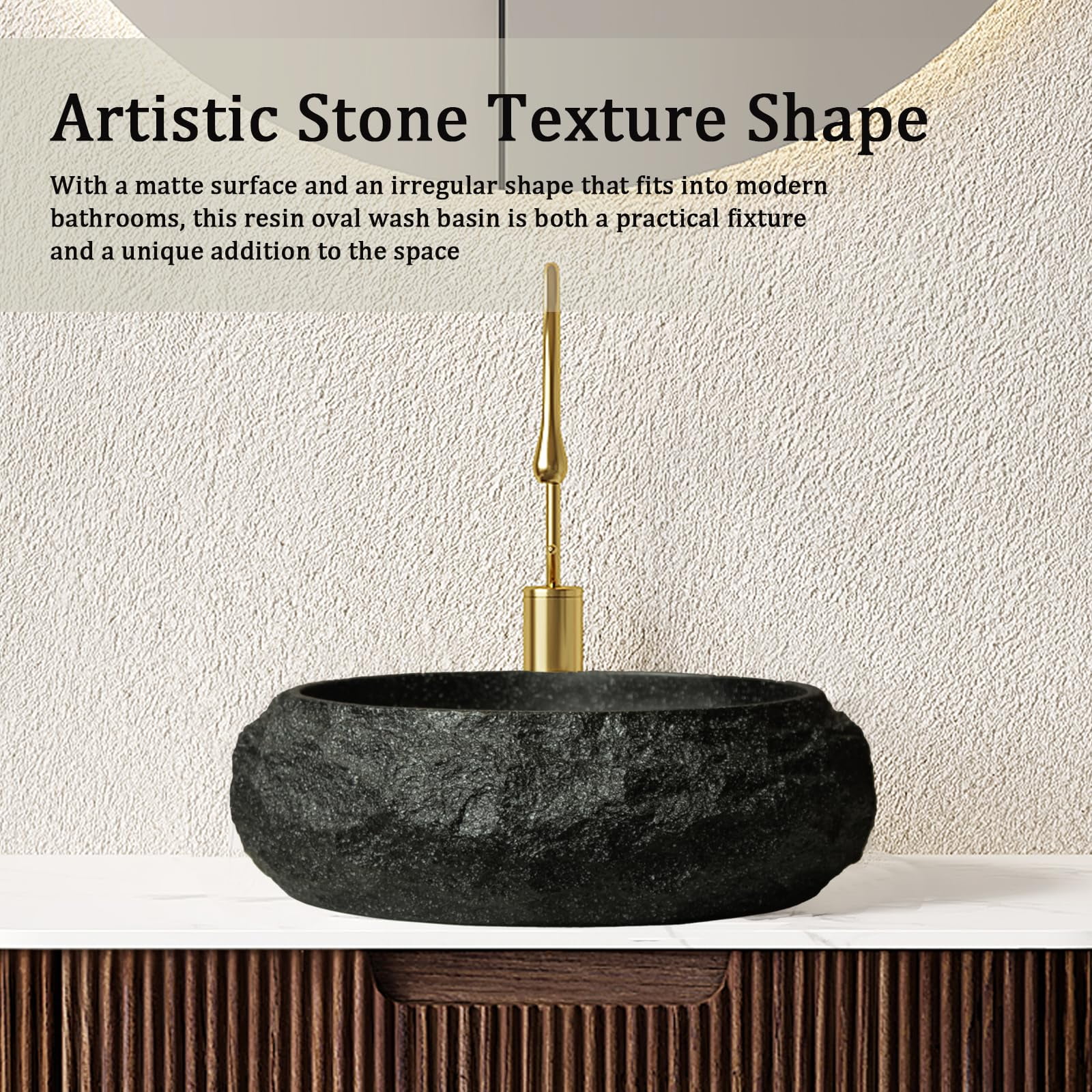 18 Inch Irregular Oval Resin Bathroom Vessel Sink – Stone Pattern, Artistic Style，Black