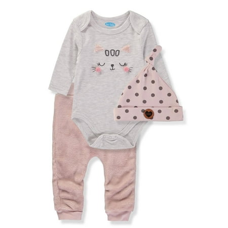 Bon Bebe Baby Girls 0-9 Months Kitty Bodysuit Plush Pant Set with Hat(Grey 3-6 Months)
