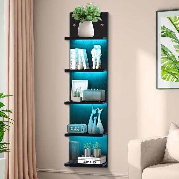 Black 5 Tier Display Shelf Case with Lights LED Wall Mount Vertical Lack Shelf Wall Decor RGB Lighting for Bedroom Living Room Gaming Floating Shelves Supports USB
