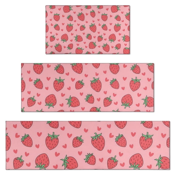 Red Strawberry Plants Fruit Heart Pink Pattern Kitchen Rugs Sets Of 3,Kitchen Runner Rugs Non Skid Washable,Decorative Kitchen Floor Mats for Kitchen,Sink,Laundry,17"x30"  17"x47"   17"x59"